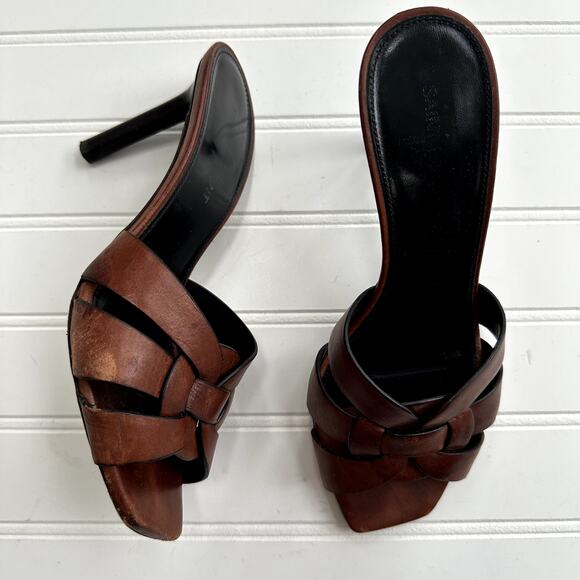 Saint Laurent Tribute Brown Leather Mule Sandals Slide Heels Size 36 EU Luxury - Picture 2 of 9